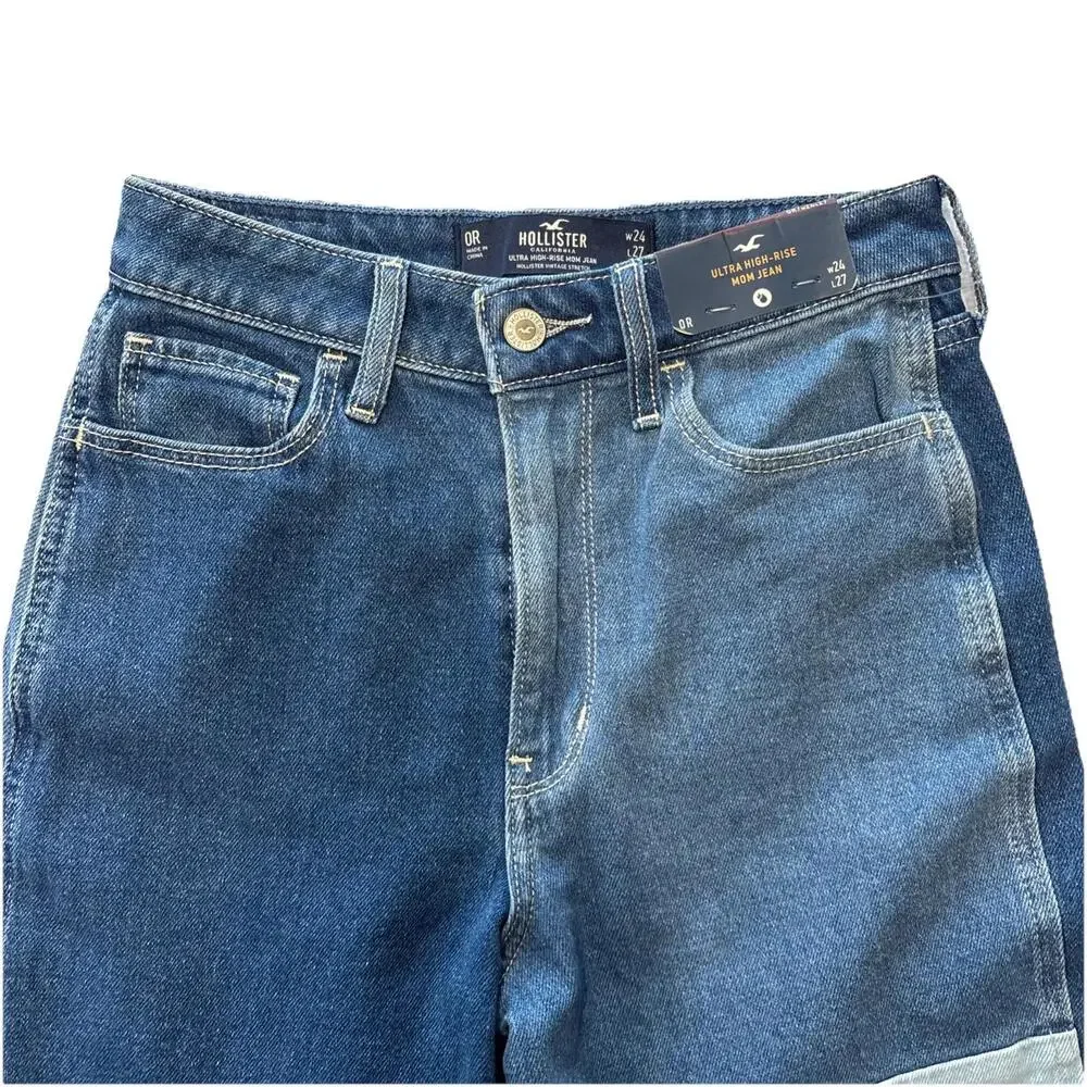 Hollister Patchwork Denim Ultra High-Rise Mom Jeans W24 Vintage Stretch Blue - Picture 4 of 7
